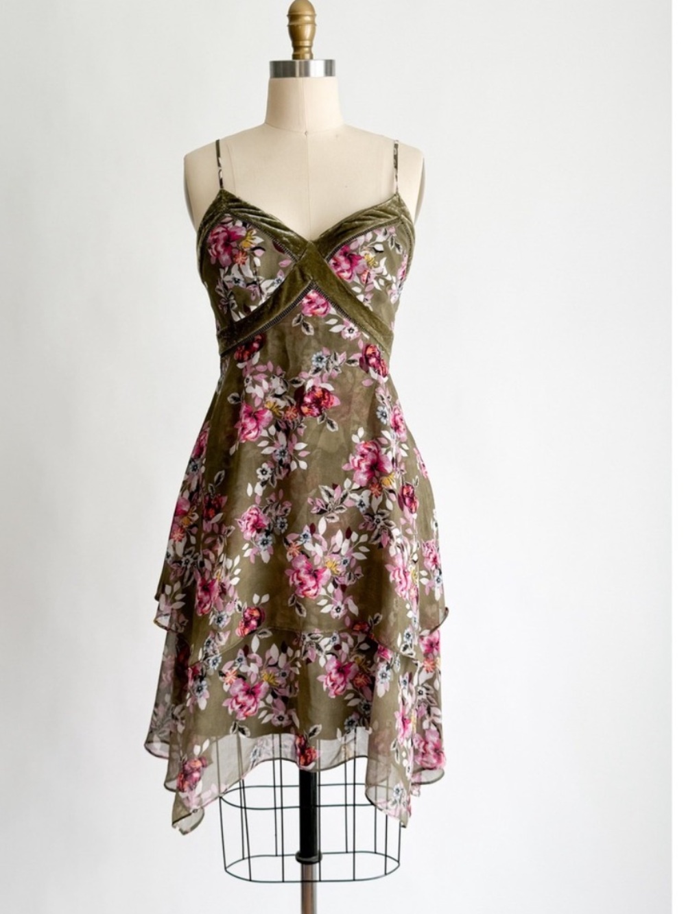 White House Black Market Olive Floral Spaghetti-Strap Dress